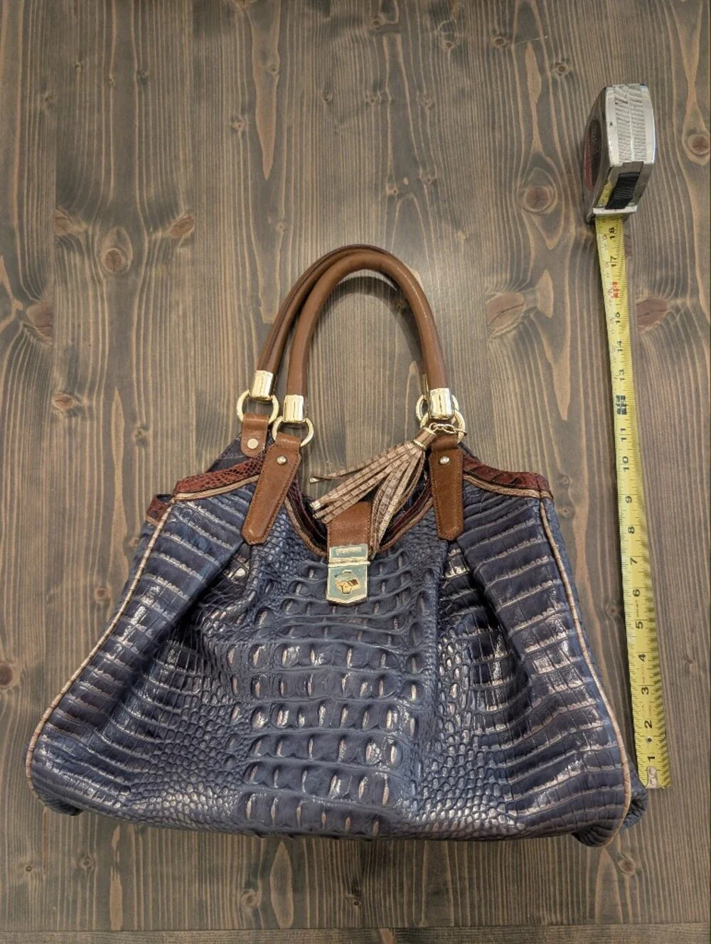 Brahmin Large Blue Brown Croc Satchel Purse Handbag
